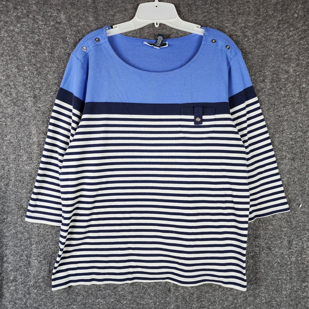 Karen Scott Sport Top Womens 2X Sport Blue Striped Button Shoulder EUC